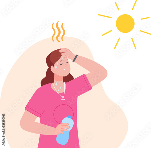 Dehydration from heat. Dehydrated woman on summer sunlight with heatstroke, cartoon sweaty person outdoor hot temperature sun weather, symptoms water exhaustion vector illustration