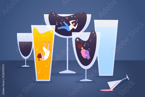 Alcoholism problems. Man and female addicts drinkers in alcohol drinks bottom life issues strong alcoholic dependence toxic hangover booze abuse depression drug vector illustration