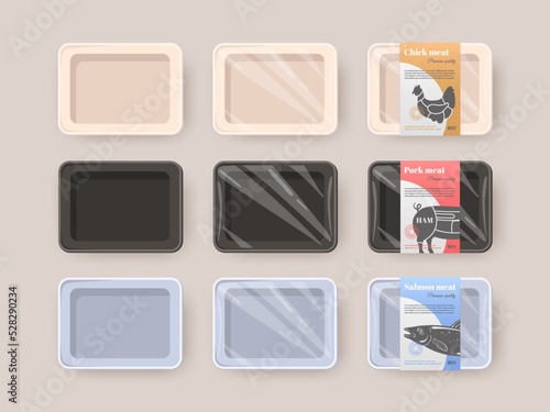 Empty plastic trays. Cartoon styrofoam tray meat packaging, black plastic food container label mockup meal store, protective cellophane box for pork beef fish vector illustration