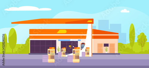 Petrol station building. City fuel stations on road background, cartoon automotive gas car refilling service automated gasoline pump, diesel oil shop fill store vector illustration