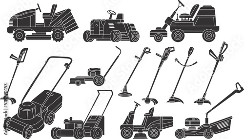 Lawn mower machine. Farm lawnmowers logo, riding garden tractor gardener machine black icon care landscape yard lawnmower silhouette gardening service, neoteric vector illustration
