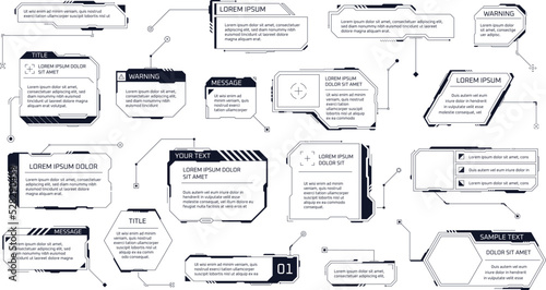 Technological callouts. Text callout chart digital technology production category, hud tech title boxes infographic lower third frame for quote textbox, garish vector illustration