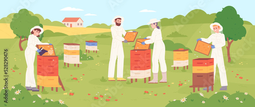 Apiary workers. Garden beekeeping, beekeeper care bee honey production, people working keepe honeybee farm pollen beeswax countryside nature landscape, garish vector illustration