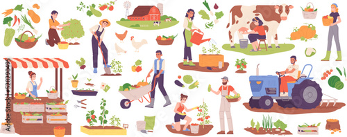 Local organic production. Agriculture worker produce food product in garden, localization market farming harvest farmer selling vegetable and fruit, garish vector illustration