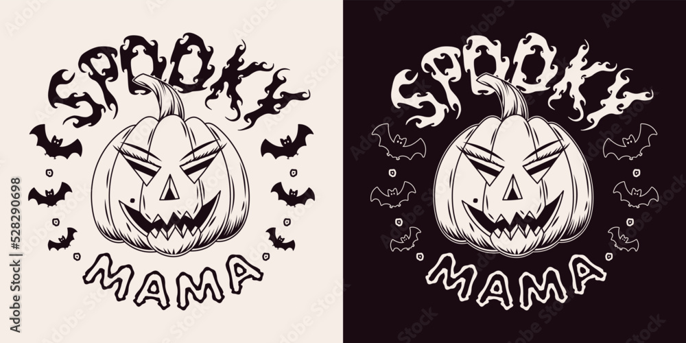 Fototapeta premium Round vintage emblem with text Spooky Mama, silhouette of bat, pumpkin head stylized as a female face. Holiday monochrome illustration on a dark, white background