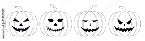 Set of vector sketch pumpkins with cut out face elements. Elements for Halloween.