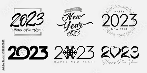Big set 2023 Happy New Year silver and black logo text design. 20 23 number design template. Collection of 2023 Happy New Year symbols. Vector illustration creative labels isolated on white background