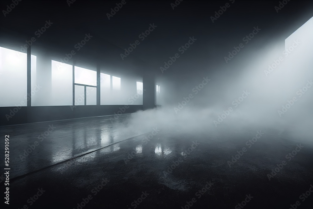 Room with concrete floor and smoke with light against dark wall background. Background of an empty dark room. 3D illustration Room with concrete floor and smoke with light against dark wall background. Background of an empty dark room. 3D illustration