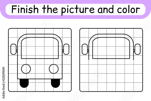 Complete the picture bus. Copy the picture and color. Finish the image. Coloring book. Educational drawing exercise game for children