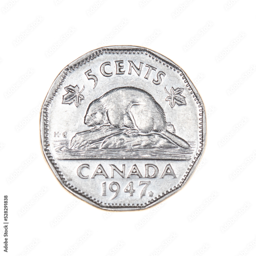 Photography Poster Canada Nickel Five Cents Dated 1947 with Beaver