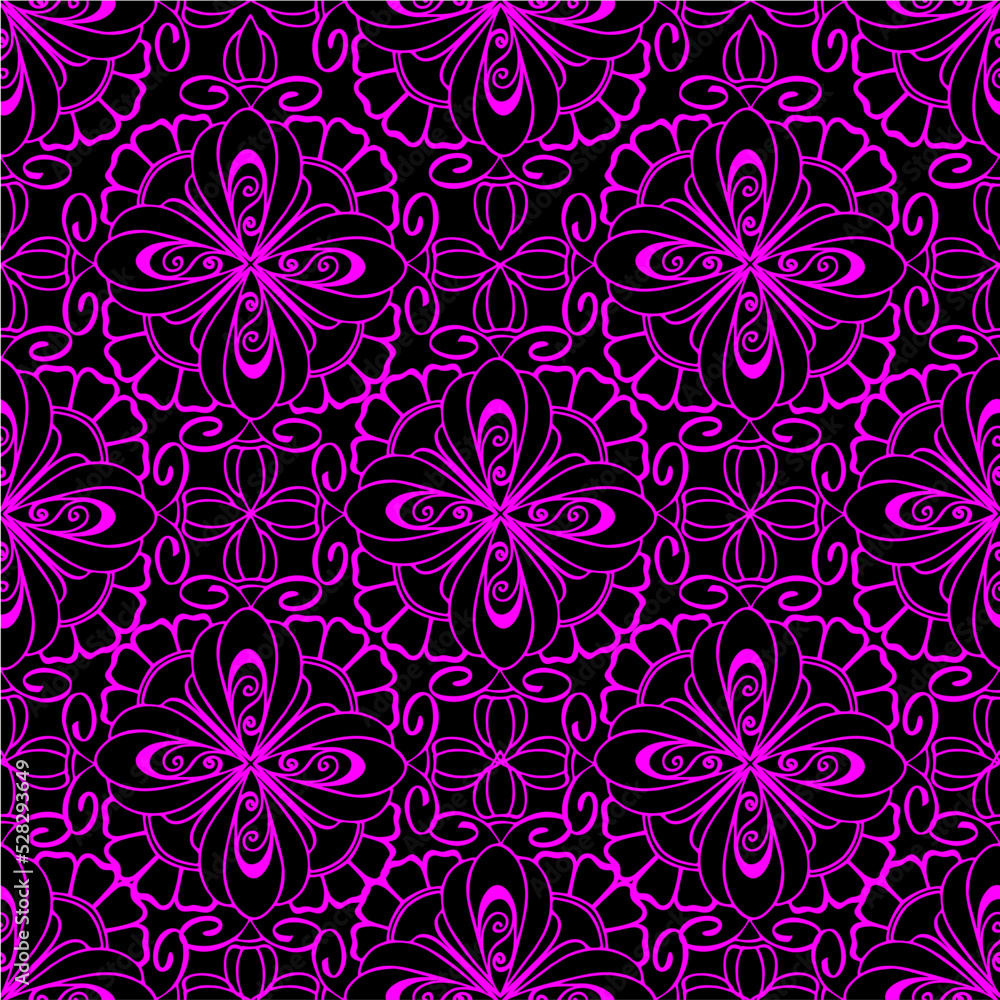 Fototapeta premium seamless graphic pattern, floral pink ornament tile on black background, texture, design