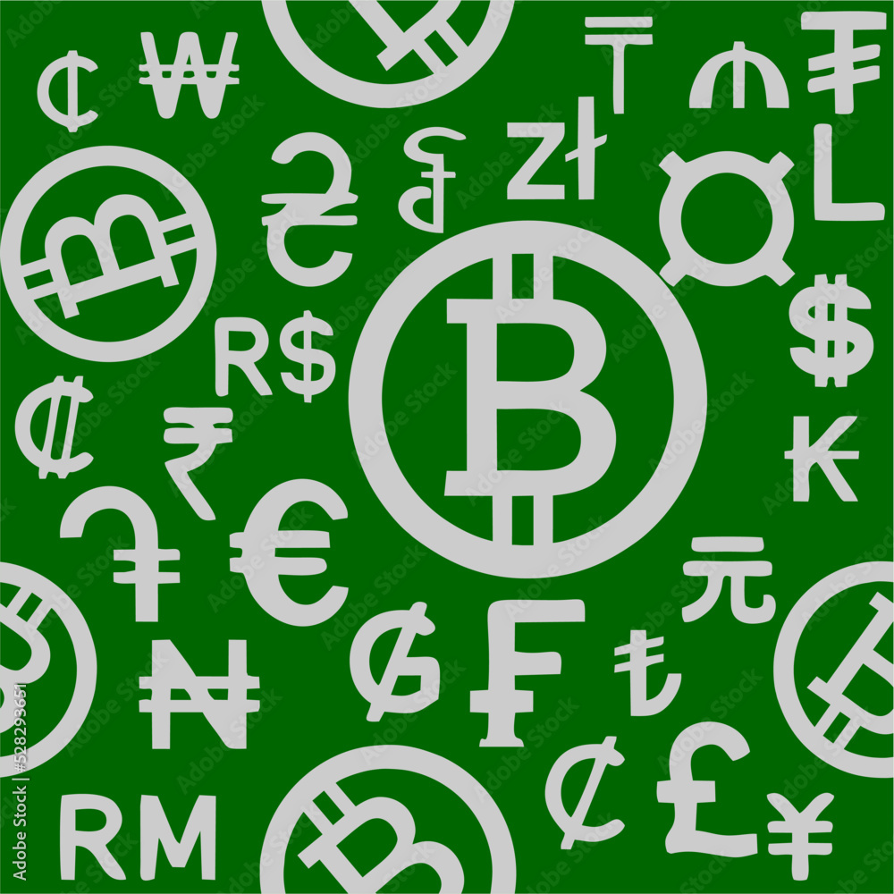 seamless gray pattern of graphic symbols of different currencies of the world on a green background, texture, design seamless gray pattern of graphic symbols of different currencies of the world on a green background, texture, design