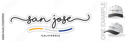 San Jose California USA, abstract San Jose flag ribbon, new modern handwritten typography calligraphic logo icon with example of application