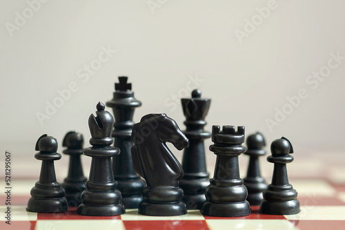 Black chess pieces on a chessboard.