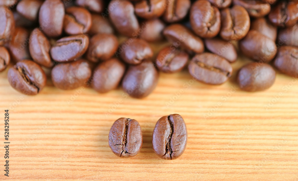 Closeup of Robusta VS Arabica Roasted Coffee Beans with Blurry Coffee Beans Pile in the Backdrop