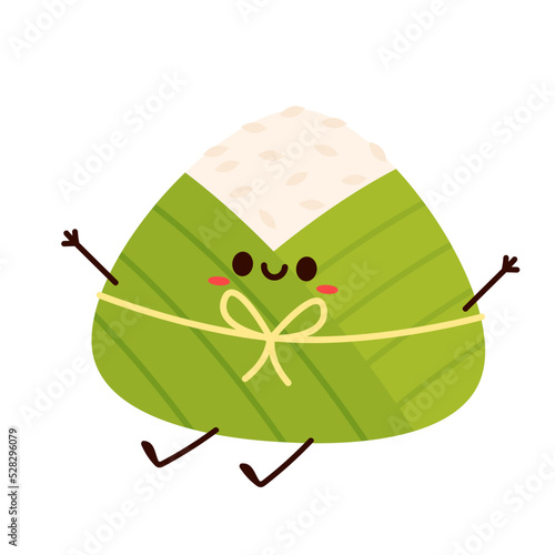 Delicious zongzi on white background. Duanwu Festival, date and wine's name written in Chinese calligraphy. Delicious zongzi character.