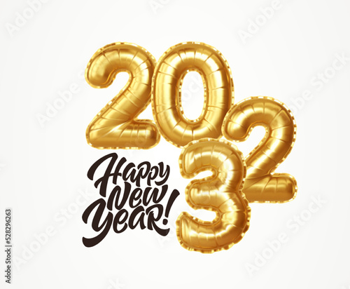 2023 3d Realistic Gold Foil Balloons. Happy New Year 2023 greeting card. Vector illustration