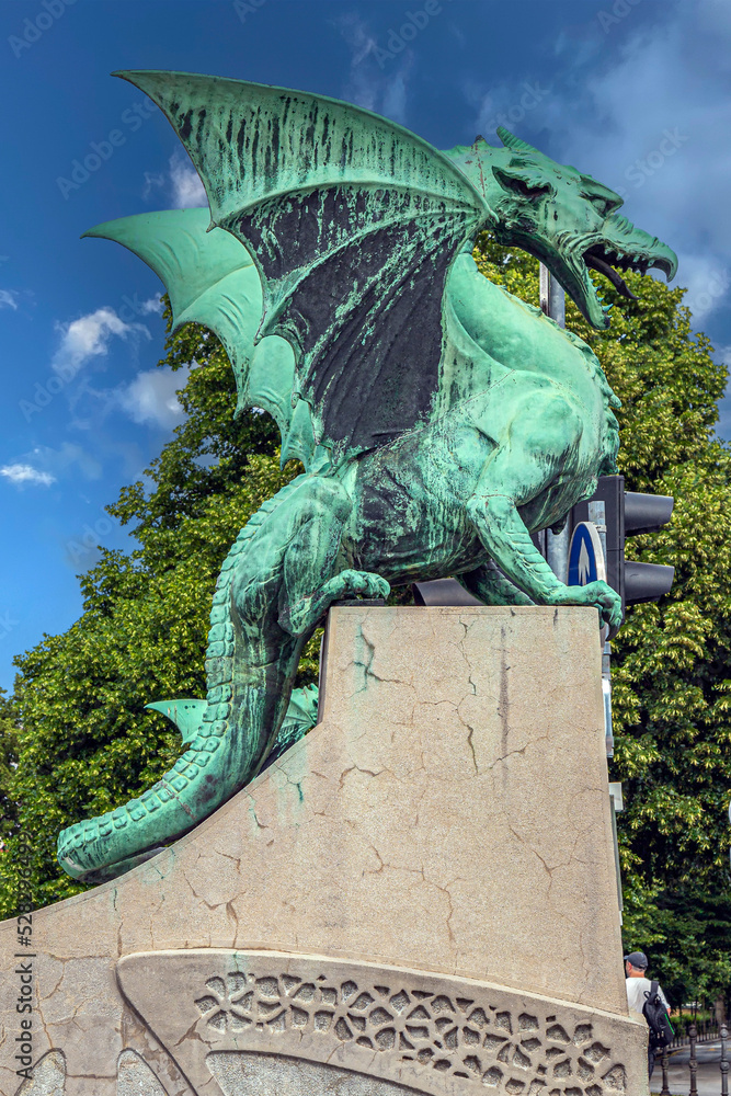 Dragon statue on famous The Dragon Bridge, Ljubljana, Slovenia