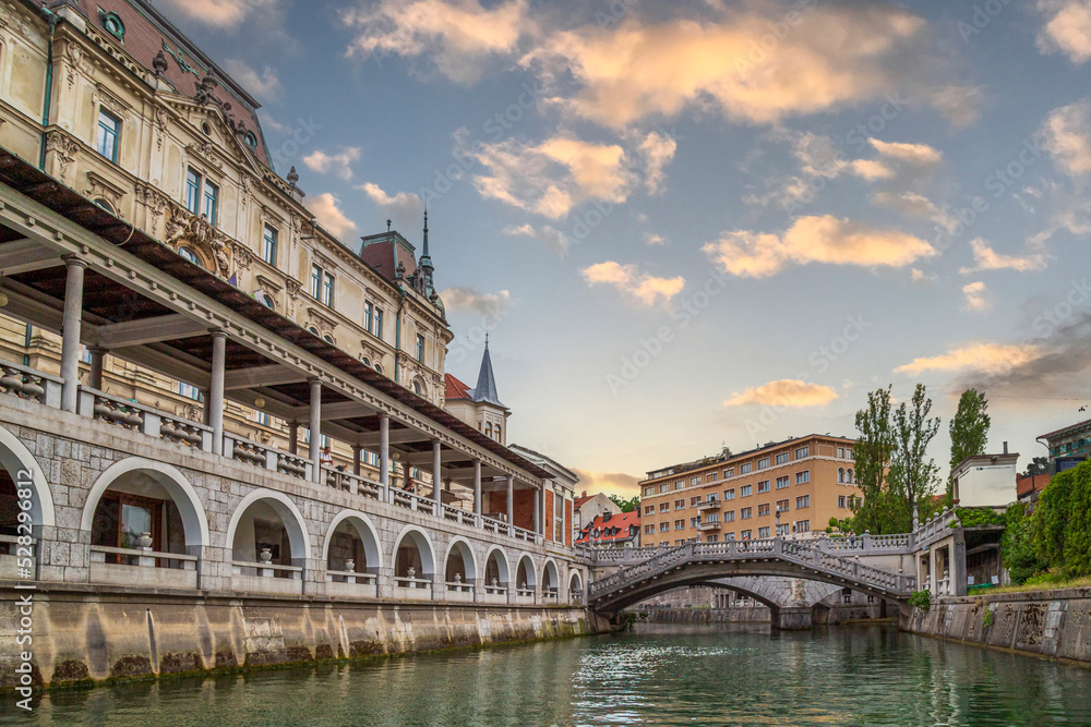 Obraz na płótnie Historic building on the banks of the Ljubljanica river, Ljubljana, Slovenia w salonie