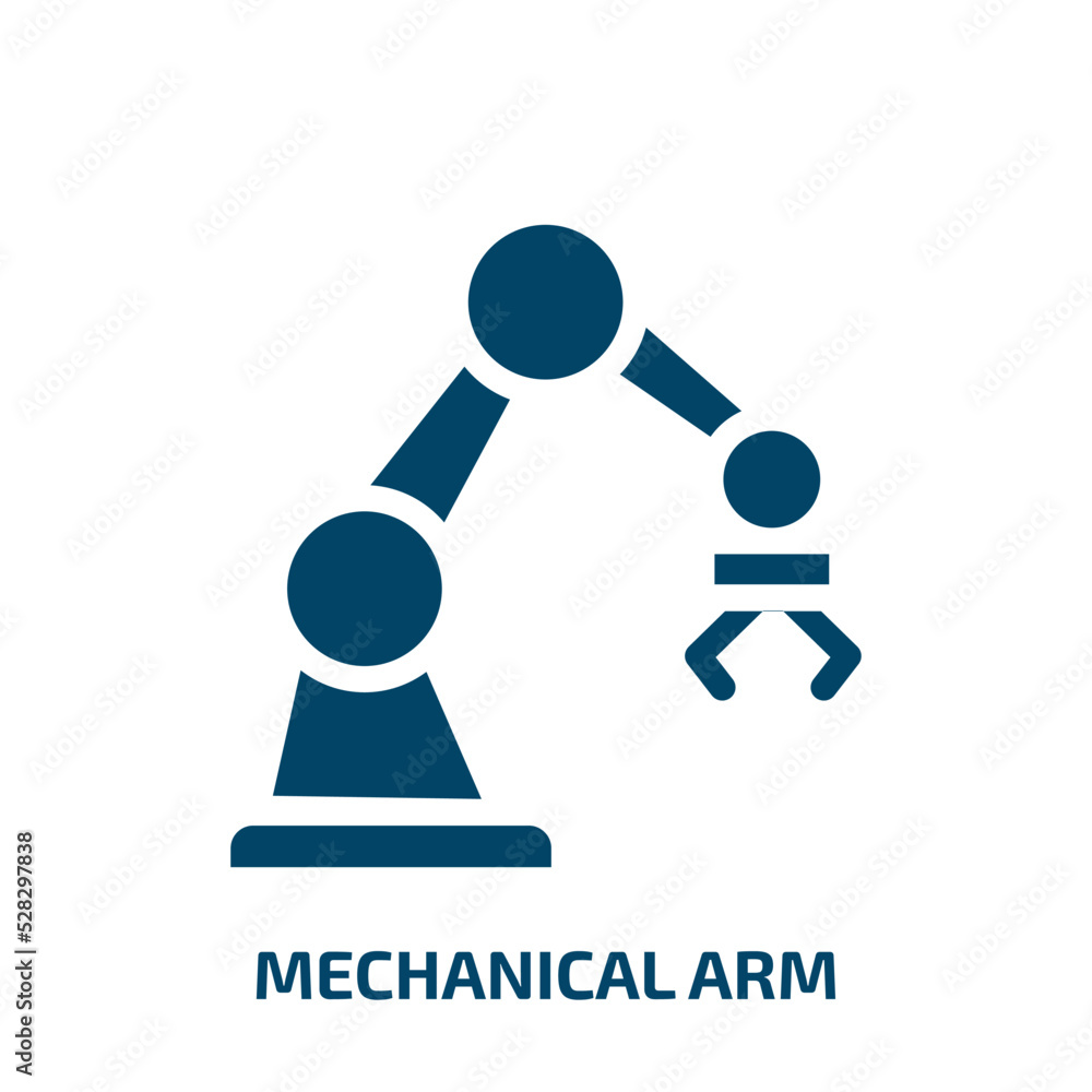 mechanical arm vector icon. mechanical arm, mechanical, control filled icons from flat artificial intelligence concept. Isolated black glyph icon, vector illustration symbol element for web design and mechanical arm vector icon. mechanical arm, mechanical, control filled icons from flat artificial intelligence concept. Isolated black glyph icon, vector illustration symbol element for web design and