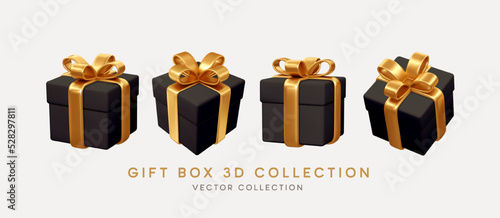 2023 3d Realistic Black Gift Boxes with Gold Ribbon Gift Bow Set. Christmas Decoration Vector illustration