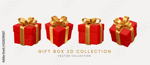 Valokuva 2023 3d Realistic Red Gift Boxes with Gold Ribbon Gift Bow Set