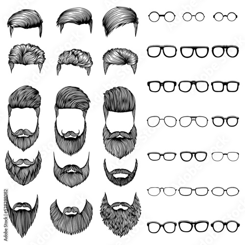Men hair mustache and beard style with glasses elements vector illustration