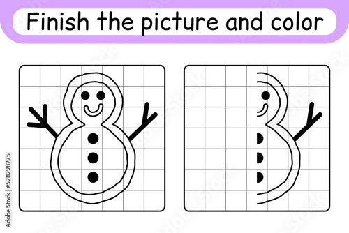 Complete the picture snowman. Copy the picture and color. Finish the image. Coloring book. Educational drawing exercise game for children