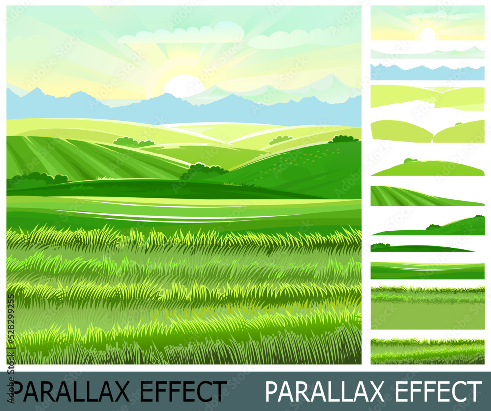Meadow hills with vegetable gardens and fields. Rangelands and pastures. Rural landscape. Image from layers for overlay with parallax effect. Vector.