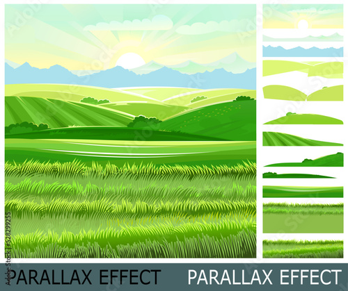 Meadow hills with vegetable gardens and fields. Rangelands and pastures. Rural landscape. Image from layers for overlay with parallax effect. Vector.