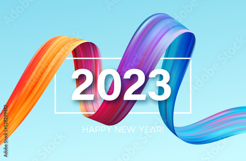 Happy New Year and Christmas 2023. 2023 typography on a background of bright colored paint strokes. New Year holiday greeting card. Vector illustration