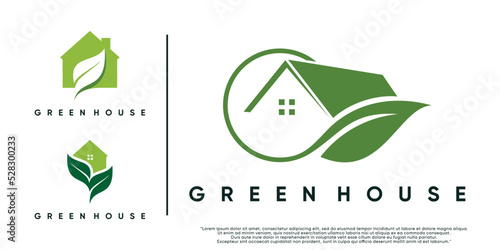 Set of green house logo design illustration with leaf element Premium Vector
