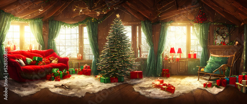 Artistic concept painting of a beautiful festively decorated home with Christmas tree, background illustration.