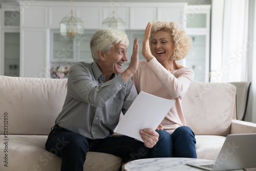 Excited cheerful mature older couple giving high vive, clapping hands over paper documents, getting good news, income, celebrating success, achieve, laughing on sofa at home. Retirement