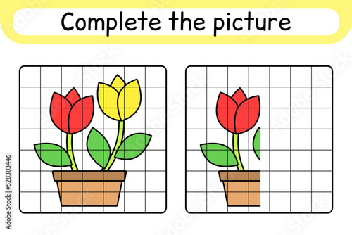 Complete the picture flower tulip. Copy the picture and color. Finish the image. Coloring book. Educational drawing exercise game for children