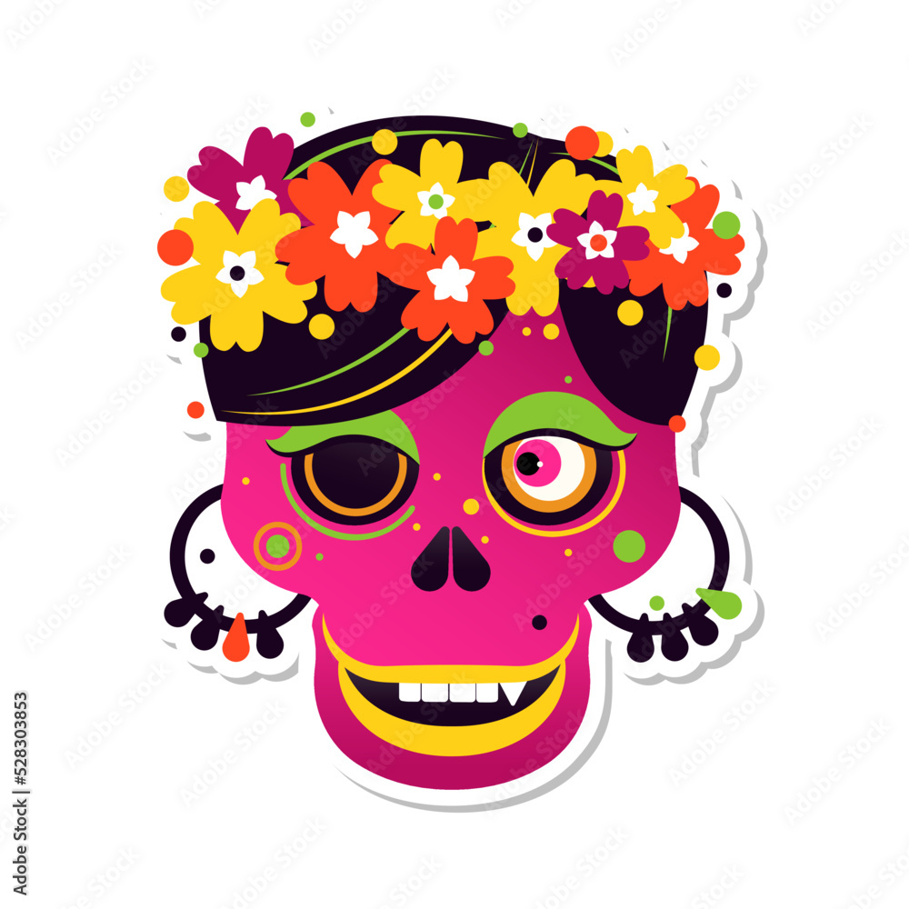 Female skull in a wreath of flowers, sticker