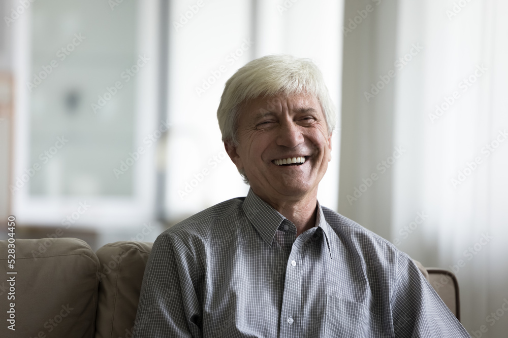 Happy senior man talking on video call from home, looking at camera with joyful toothy smile, laughing, sitting on sofa. Male indoor head shot portrait. Communication Happy senior man talking on video call from home, looking at camera with joyful toothy smile, laughing, sitting on sofa. Male indoor head shot portrait. Communication