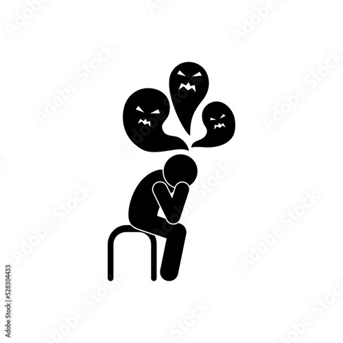 illustration of bad thoughts, a man sits on a chair with his head bowed, fears and anxieties surround him