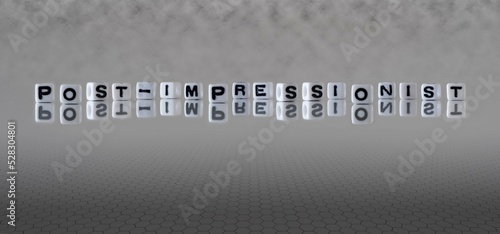 Fotografie post impressionist word or concept represented by black and white letter cubes o