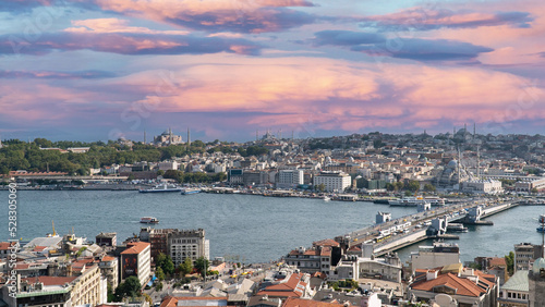 Istanbul Golden Horn landscape. Historical Golden Horn Peninsula in Istanbul Turkey. Istanbul view during sunset.