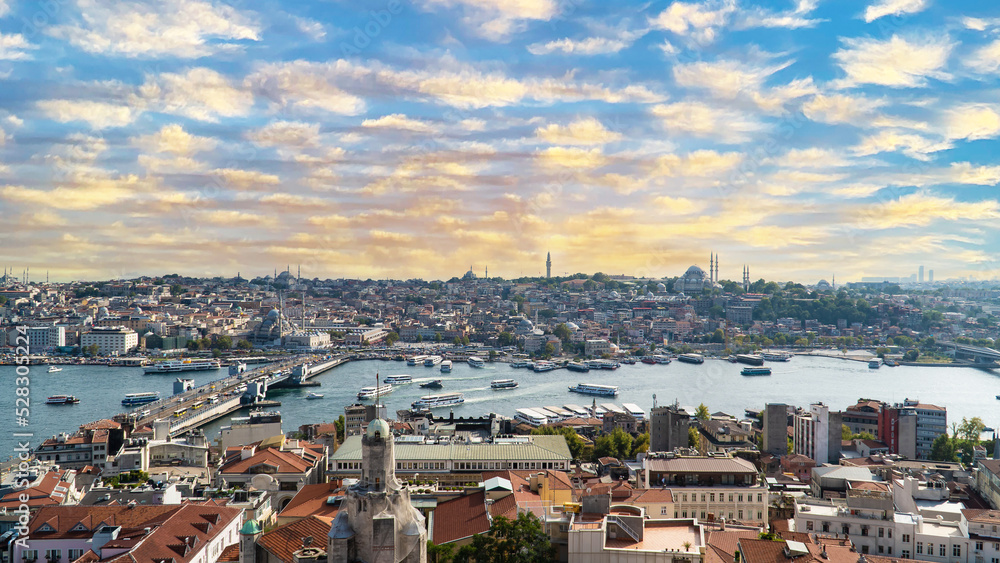 Istanbul Golden Horn landscape. Historical Golden Horn Peninsula in Istanbul Turkey. Istanbul view during sunset.