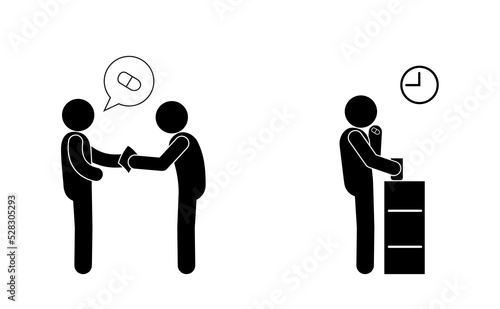 man takes medicine as prescribed by the doctor, treatment icon, people get pills, isolated human silhouette