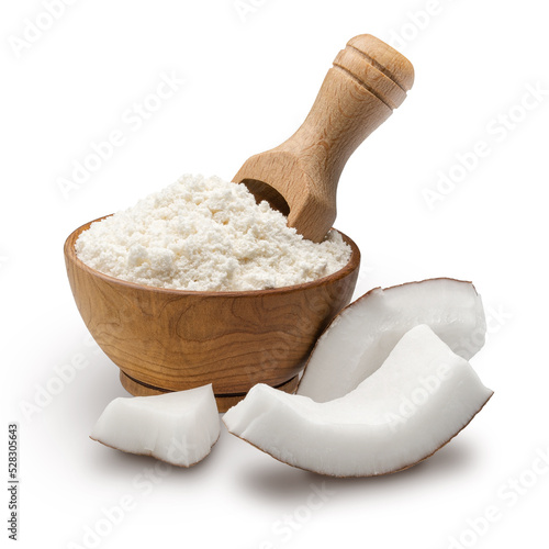 Wooden bowl full of coconut flour isolated on white