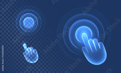 Touch wave from hand gesture in digital futuristic style on blue background. Neon icon of hand movement or display click. Neon vector illustration with light effect.