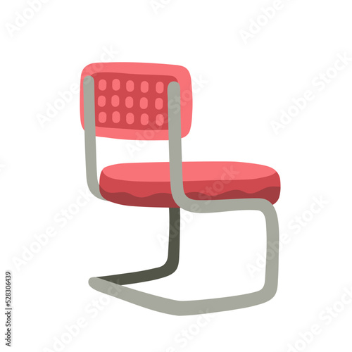 Retro pink chair with soft fabric surface and metal legs. Mid-century modern furniture. Scandinavian interior design. Warm hygge aesthetics. Flat cartoon hand-drawn style, isolated on white background