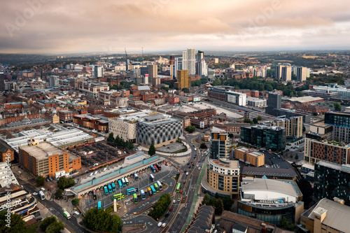 Aerial view of Leeds cityscape skyline with dramatic sky
