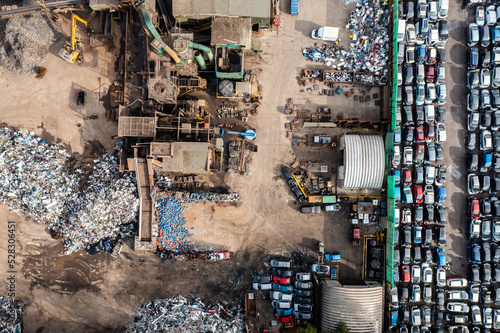 Aerial view directly above a scrap metal dealer recycling scrap vehicles