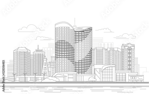 City panorama of the with a diverse architecture of the facades. Flat Horizontal Vector Illustration. Grey linear style on a white background. Graphic design concept. photo
