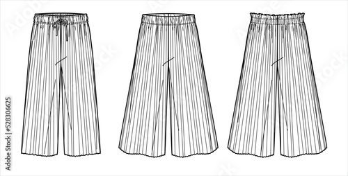 Vector yoga pants technical drawing, woman wide-leg sweatpants fashion CAD, template, sketch, flat. Jersey or woven fabric plisse trousers with front, back view, white color. Palazzo trousers drawing