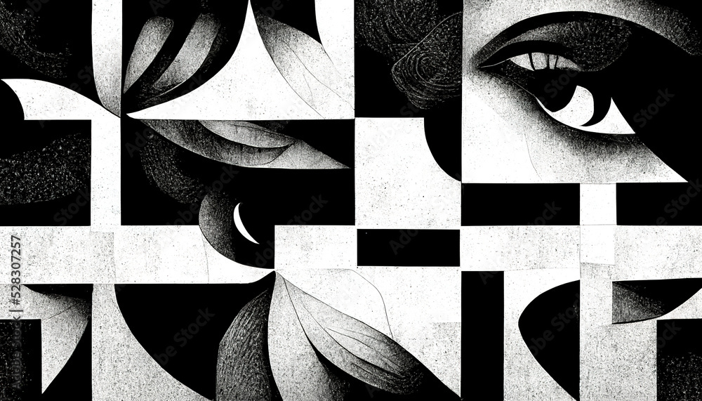 Modern abstract dynamic shapes black and white background with grainy